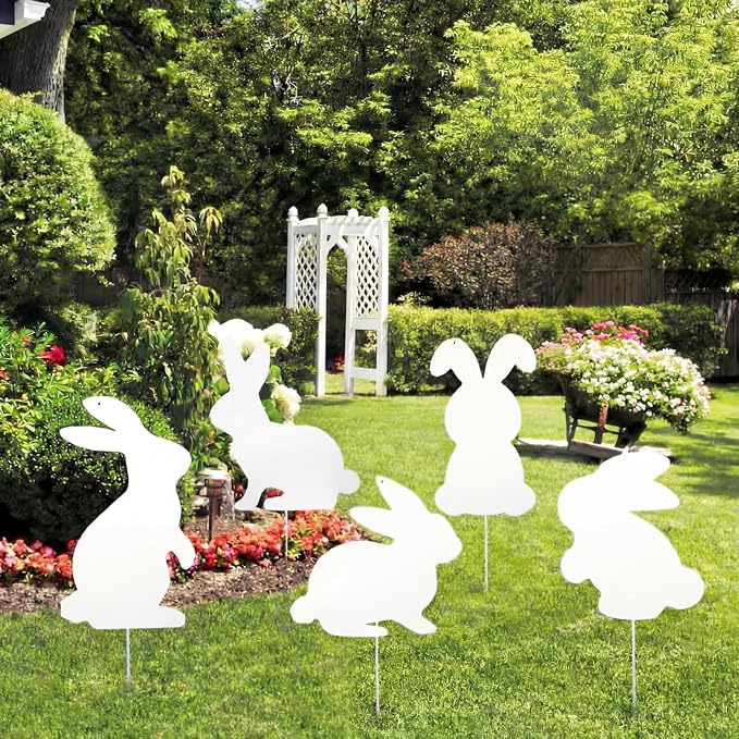 5 Pcs Metal Spring Yard Decorations Outdoor Bunny Yard Signs with Stakes Cute Spring Rabbit Decorative Lawn Signs for Indoor Outdoor Garden Pathway Walkway Holiday Party Decor