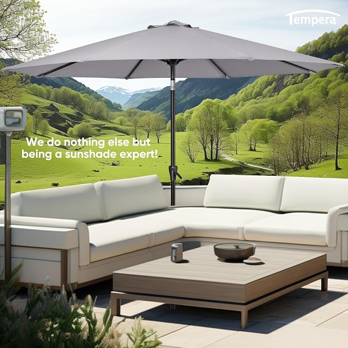 Tempera Patio Market Outdoor Table Umbrella with Push Button Tilt and Crank, Large Sun Umbrella with Sturdy Pole & Fade Resistant Canopy, Easy to Set