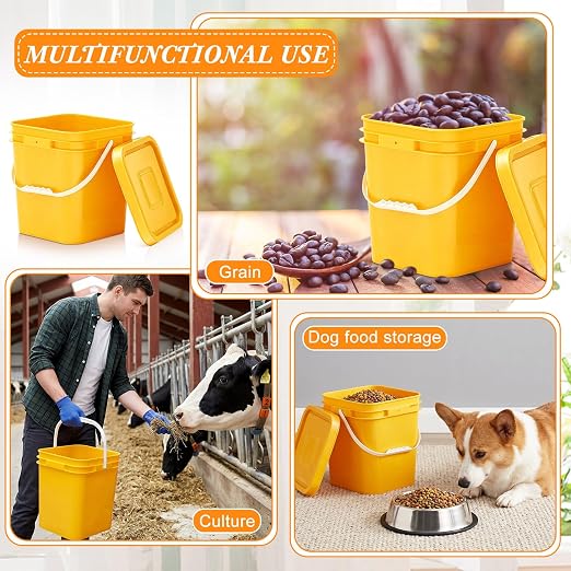 Mumufy 5 Pcs 3.5 Gallon Square Food Grade Bucket with Lid Square Bucket Pail Plastic Handles for Long Term Food Storage, Camping, Fishing, Home Organization Easy Stack and Store (Yellow)