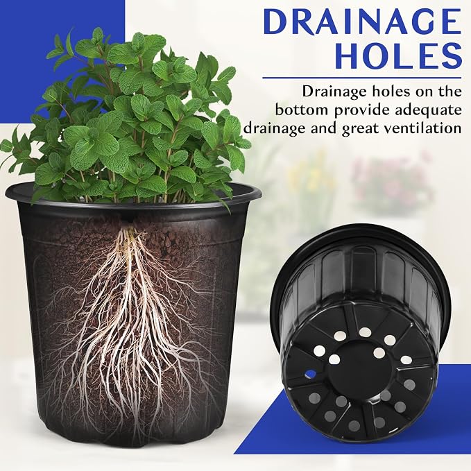 3 Gallon Pots for Plants, 10.6 Inch Gallon Nursery Pots with Drainage Holes, 3 Gallon Plastic Plant Pots for Cuttings, Seeding, Succulents, Transplanting