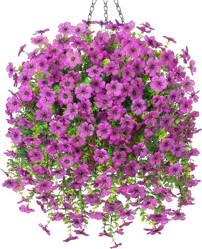 Ammyoo Artificial Fake Hanging Flowers with Basket for Outdoor Spring Decoration, Faux Silk Daisy Flower Real Touch Hanging Plants UV Resistant for Outside Porch Patio Garden Yard Home Decor(Purple)