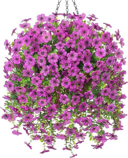 Ammyoo Artificial Fake Hanging Flowers with Basket for Outdoor Spring Decoration, Faux Silk Daisy Flower Real Touch Hanging Plants UV Resistant for Outside Porch Patio Garden Yard Home Decor(Purple)