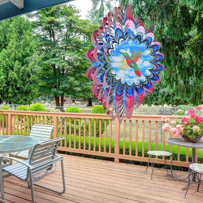 Hummingbird Wind Spinner - 3D Animated Wind Spinners, Garden Decor | 12 inch Kinetic Hanging Sculpture - Creates Flying bird Animation Effect. Outdoor Decoration, Gifts for Women/Men & Christmas