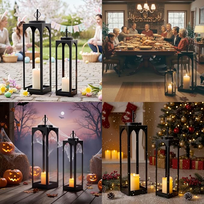MATAHUM 24" 19" Large Lanterns Decorative Outdoor Indoor, 2 Pcs Black Metal Floor Candle Lanterns with Candle, Farmhouse Lantern Decor Outdoor Lanterns for Front Porch, Fireplace Mantel, Patio, Garden