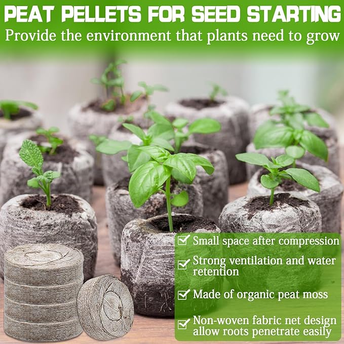 ZeeDix 50Pcs 40mm Seed Starter Pods, Compressed Peat Pellets Seed Starter Soil for Seed Starting, Growing Vegetables, Herbs & Flowers, Indoor Outdoor Gardening with 50 Plant Labels & 2 Garden Tools