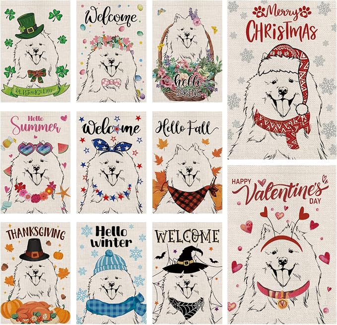 Seasonal Garden Flags Samoyed Double Sided Flags Set of 11 Holiday Farmhouse Indoor Outdoor Yard Lawn Christmas Gifts Decorations 12.5x18 Inch