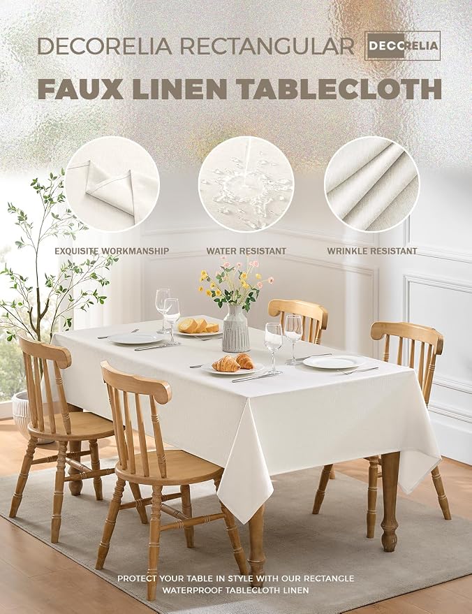 Decorelia Faux Linen Farmhouse Table Cloth 60"x104" for 6 ft Rectangle Table, Ivory Waterproof Outdoor Washable Cloth Tablecloth for Rectangular Dining Room Kitchen Outdoor Party Restaurant Decor