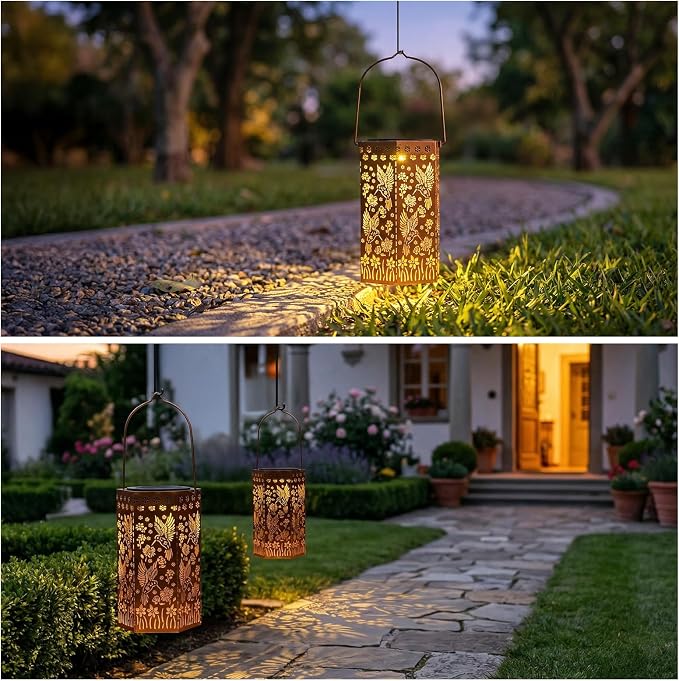 Solar Lanterns Waterproof Hummingbird Hanging Outside Decoration for Patio | Exquisite hummingbird pattern,antique bronze metallic color, IP65 waterproof,high conversion solar panel,high-brightness LED.