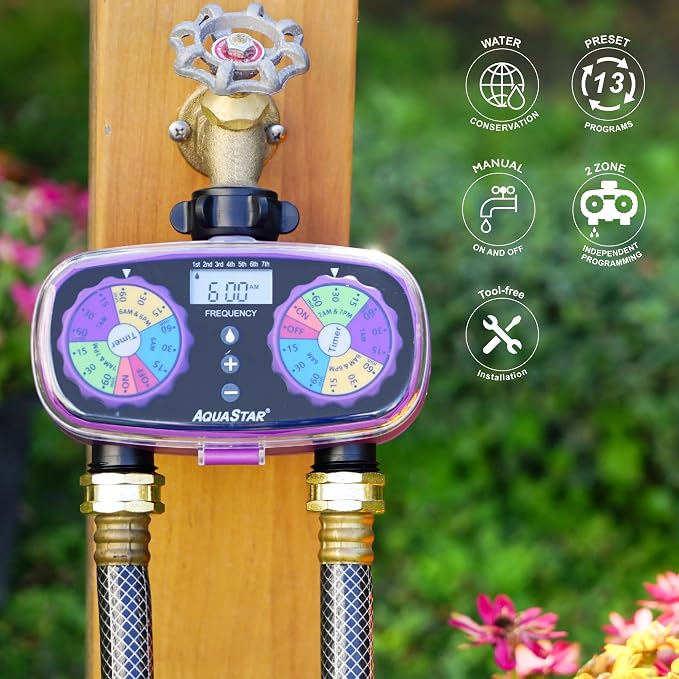 AQUASTAR Two-Zone Hose Watering Timer (Purple), Automatic Irrigation for Lawn, Garden, Yard, Two Outlets