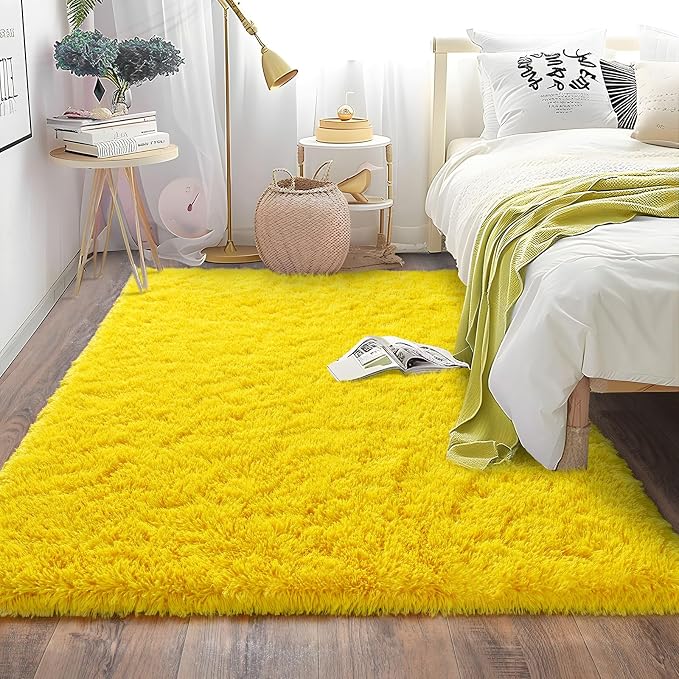 Soft Shag Rugs for Bedroom, Fluffy Washable 4x6 Yellow | Upgrade Non-slip, 4 x 6 Shaggy Rugs for Living Room, High Pile Fuzzy Plush Carpet Kids Room Dorm, Flame Resistant