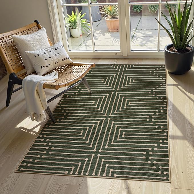 Lahome Green 3x5 Entryway Rug, Non Slip Maze Line Easy Jute Washable Rug | Modern Low Pile Non Shedding Lightweight Indoor Outdoor Carpet for Balcony Porch