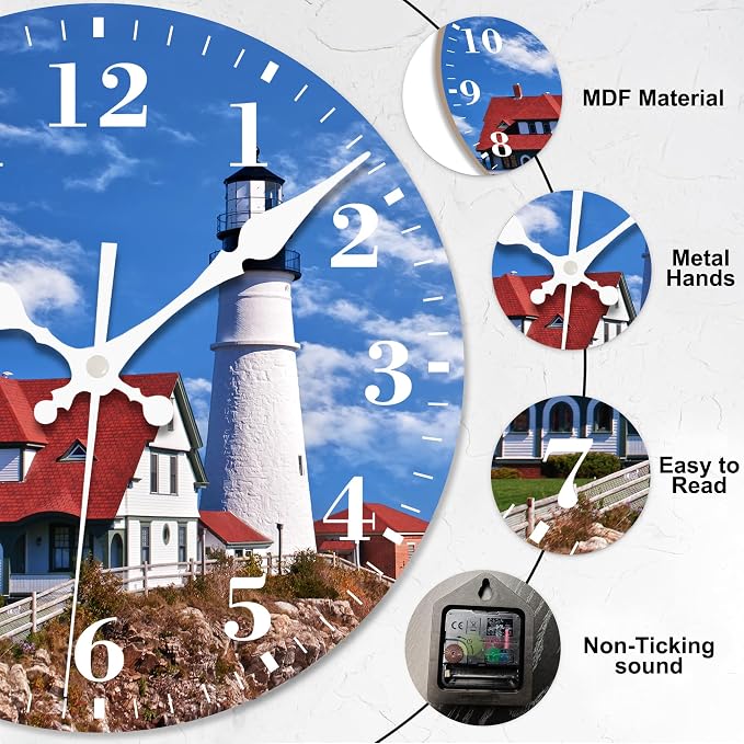 Wall Clocks Battery Operated, Beautiful White Lighthouse Silent Non Ticking Decorative Indoor Outdoor Wall Clocks for Living Room Kitchen Bedroom Bathroom 12"