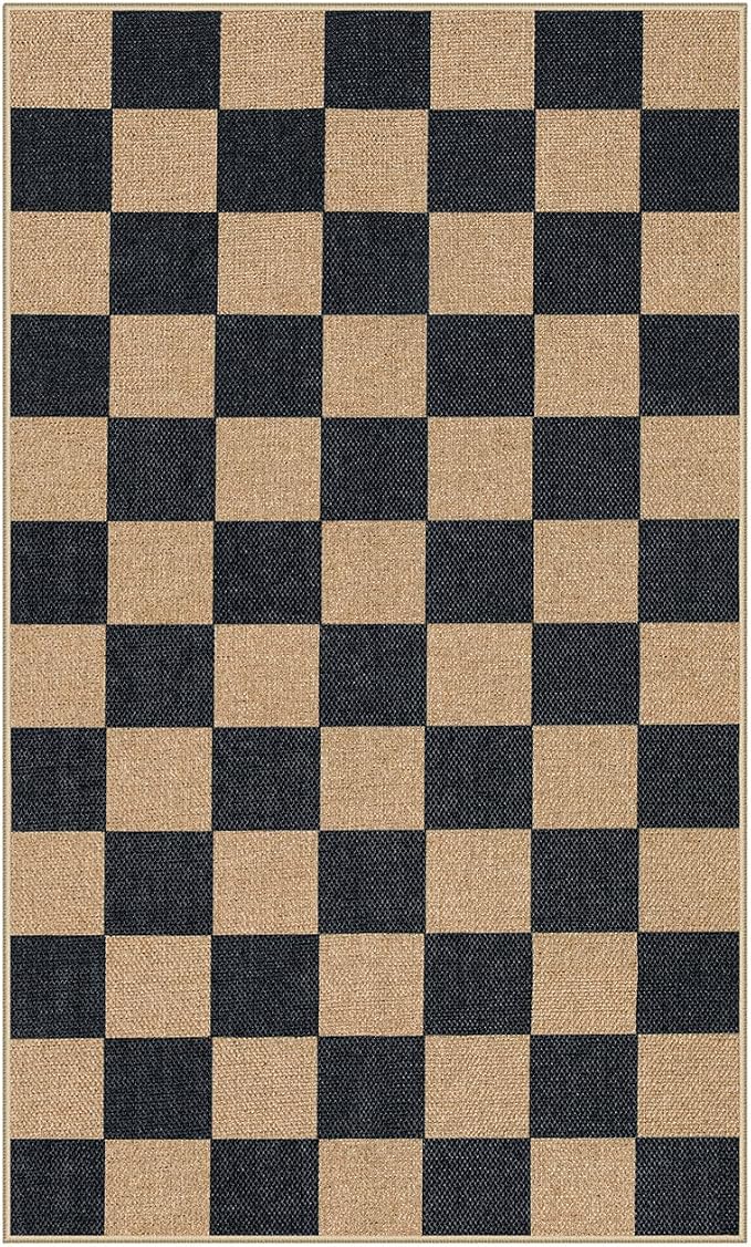 Lahome Colette Checkered Easy Jute Carpet, 3x5 Outdoor Patio Rug Washable Rugs for Entryway Checkerboard Indoor Outdoor Living Room Carpet, Farmhouse Neutral Non Slip Black Door Mat for Bedroom