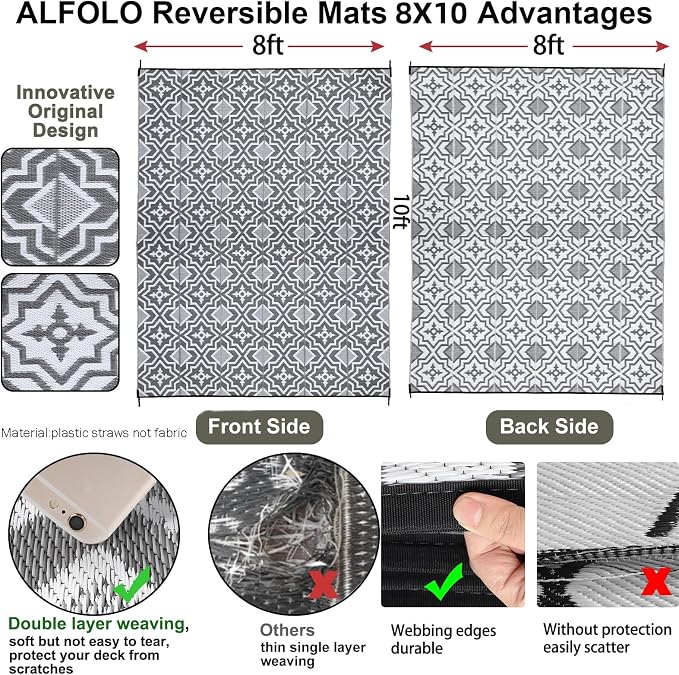 Alfolo Outdoor Rug for Deck 8x10 Waterproof,Outdoor Plastic Straw Camping Rug Reversible Mat for for Patio,Porch, Balcony Rv Camping Mat Outside Mat Indoor Outdoor Area Rug (Grey&White, 8'x10')