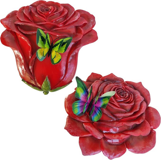 Simulated rose home decor gift - outdoor garden landscape flower stepping stone - rose for mothers, sisters, besties, grandmothers, and maternal grandmothers as a festive gift - 2-piece set, red