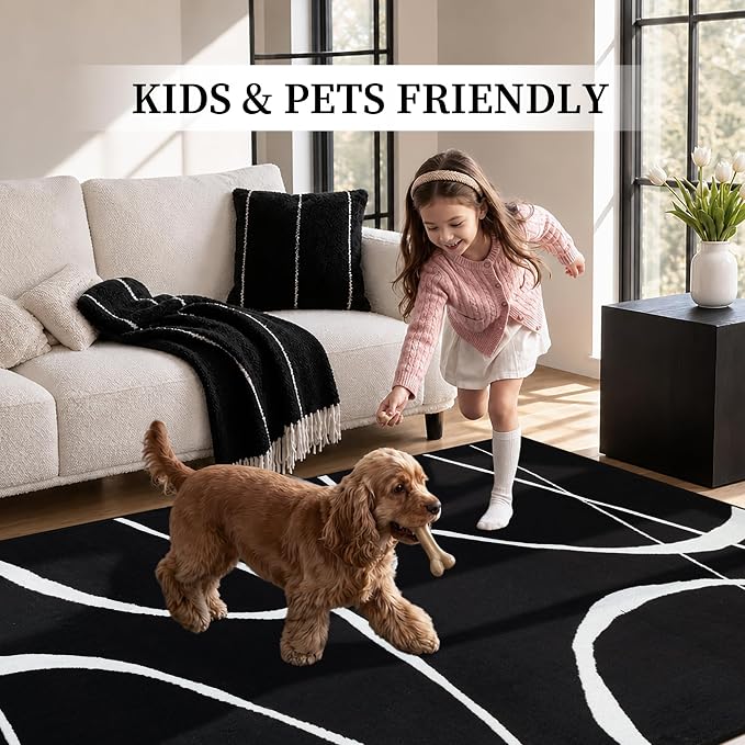 2x6 Washable Modern Black White Kitchen Runner Rug | Ultra-Thin Low Pile, Non-Slip TPE Backing, Soft Stain Resistant, Machine Washable, for Bedroom Livingroom High Traffic