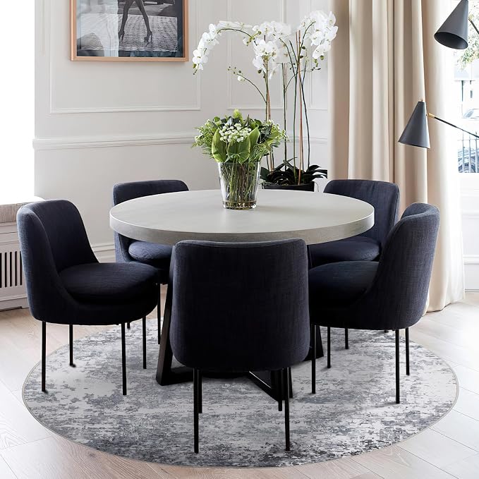 ROYHOME Modern Abstract 8x8 Round Area Rug Non Slip, Light Grey | Non Shedding Rug Low Pile Stain Resistant for Bedroom Living Room office Dining Room