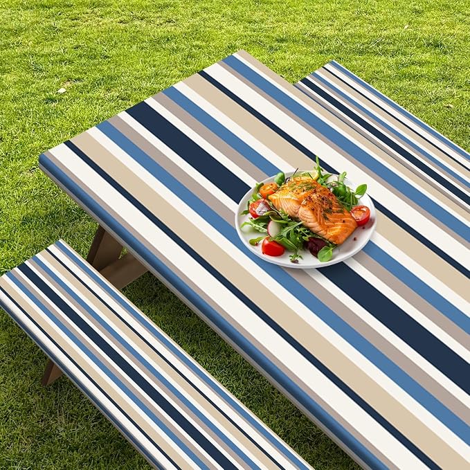 Picnic Table Cover with Bench Covers Elastic Edges, Brown Tripes Camper Fitted Table Cover, Outdoor Patio Camping Essentials 72 Inch 3PCS, Waterproof Camping Fitted Tablecloth with Drawstring Bag