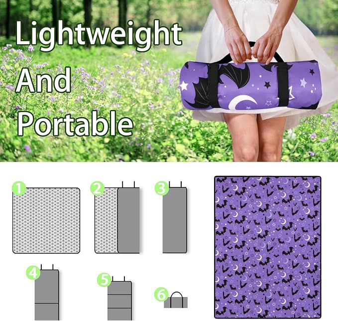 Halloween Bat Picnic Blankets Waterproof Foldable, 60’‘x80'' Portable Outdoor Picnic Mat Water Resistant for Grass, Padded Lawn & Park Blanket for Camping,Hiking