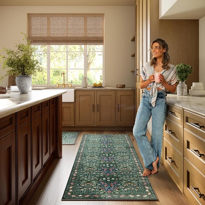 Non-Slip Washable Runner Rug for Hallways, 2x6 Ultra-Thin Floral, Boho Soft Forest Green Carpet for Kitchen, Bathroom & Laundry Room