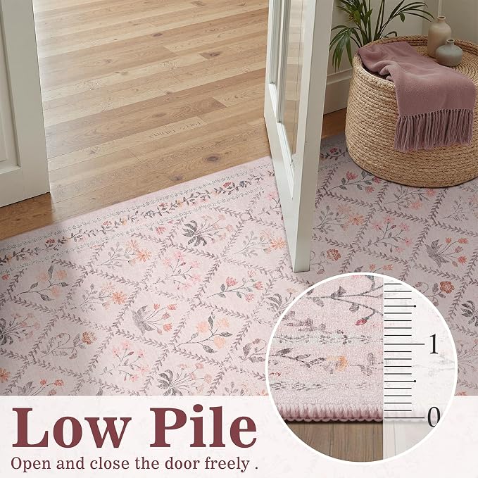 DCX Washable 5x7 Pink Floral Rug for Girls Bedroom | Soft Cottagecore Rug for Baby Girl Nursery, Non Slip Low Pile, Kid & Pet Friendly Vintage Botanical Carpet