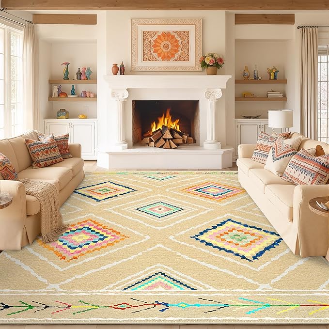 9'x12' Washable Area Rug for Living Room Bedroom Cream/Beige | Soft Western No Slip Low Pile Print Foldable Indoor for Kitchen Dining Room