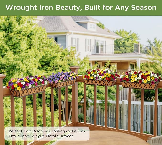 HFHOME 24 inch Railing Planter Box - 4 Pack Metal Window Trough with Coconut Coir Liners, Flower Basket for Deck Railings Balcony or Porch to Display Plants and Flowers