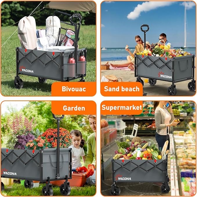 Yozoia Wagons Carts Foldable, Lightweight Portable Utility Shopping Cart with Wheels, Folding Grocery Wagon Cart for Grocery, Camping, Shopping, Beach, Garden, Sports Grey