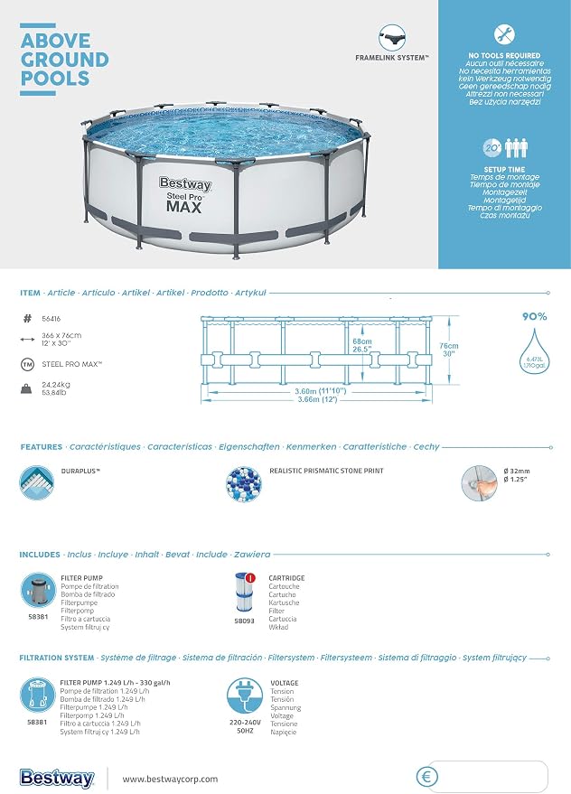 Bestway Steel Pro MAX Frame Pool Set with Filter Pump, Diameter 366 x 76 cm, Light Grey, Round