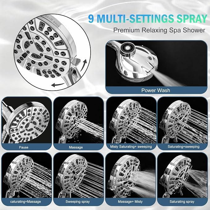 BESAQUO Shower Head, 9 Settings High Pressure shower head with handheld, Built-in Pause Mode & Power Wash, Non-Clogging Nozzles, 6ft Hose,Bracket (Premium Chrome, Magnetic 9 Settings)