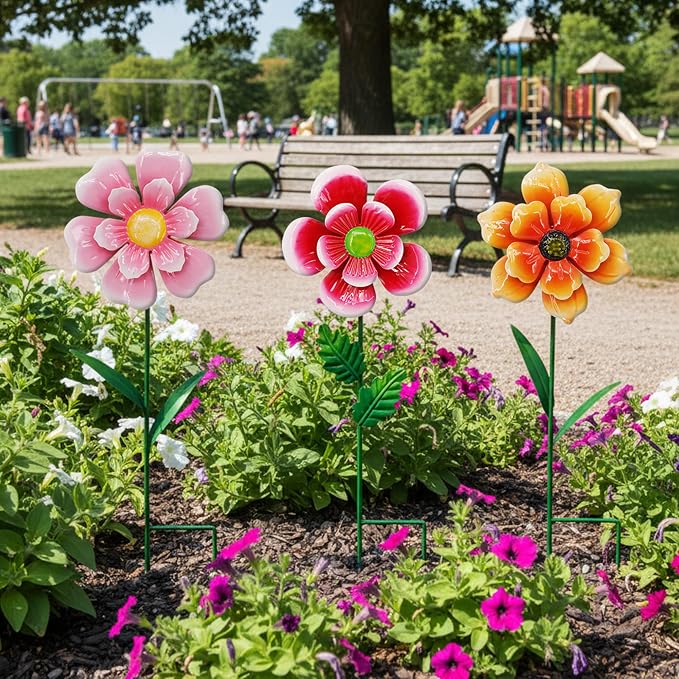 3pcs Flowers Yard Wind Spinners Outdoor Decoration Stakes Lawn Ornaments | WEIBEFEE; Lawn Decorations Garden Stakes, Metal Outside Decorations for Metal Yard Art Flower Garden Decor, Spring Mom Gifts