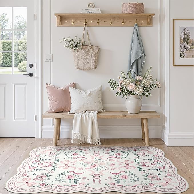 DCX Scalloped Washable 3x5 Bow Rug, Pink Floral Rug for Girls’ Bedroom, Cute Soft Low Pile Indoor Décor Carpet, Kid & Pet Friendly Nursery Rug for Living Room, Dorm, Playroom