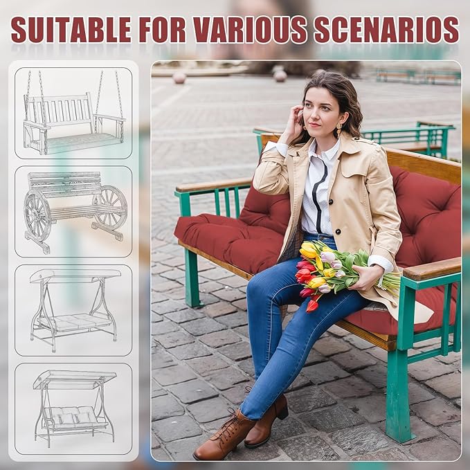 Porch Swing Cushions 3 Seater Replacement Thicken 5" Waterproof & Fade Resistant Swing Cushions for Outdoor Furniture Patio Swing Bench Cushion with Backrest & Ties (Wine Red 60x40x5inch)