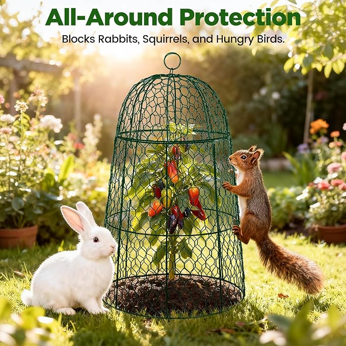 12 Pack XL Metal Garden Cloches for Plants, 17" Height Rustproof Chicken Wire Cloches for Seedlings, Vegetables & Flowers, Plant Protectors from Animals Includes 12 Humidity Domes & 48 Stakes - Green