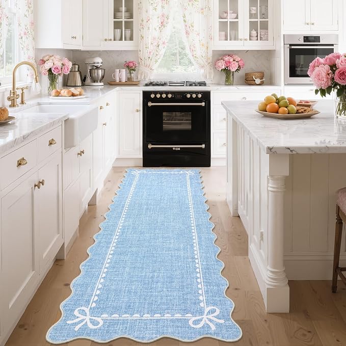 GarveeHome Scalloped Hallway Runner Rug 2.5x10 Non Slip Bedroom Rugs, Blue | Washable Bow Rug for Girls Dorm Nursery Living Room Entyrway Kitchen, Soft Low Pile Ultra-Thin Stain Resistant Indoor Carpet