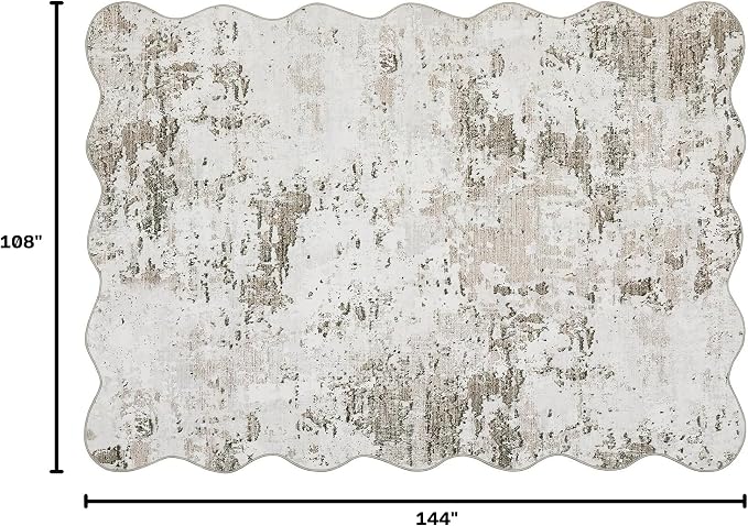 ROYHOME 9x12 Modern Abstract Scalloped Accent Rug, Taupe | Non Slip Stain Resistant Throw Rug Low Pile Machine Washable Indoor Floor Cover for Living Room Bedroom Office Home Decor
