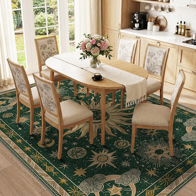 Vacuum-Friendly, 6x9 Washable Area Rug, Green Gold Yellow | Sun and Moon Boho Gothic Non-Slip Low Pile Living Roon Bedroom Dining Room Kitchen Entry Entryway Entrance Hallway Doormat