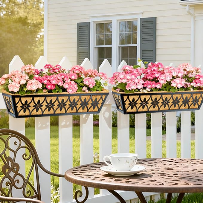 24 Inch Window Boxes Planters Railing Planter Box - 2 Pack Deck Railing Planter Boxes with Adjustable Brackets Coco Liners Balcony Planters Railing Hanging for Window Flower Boxes Outdoor Garden Decor