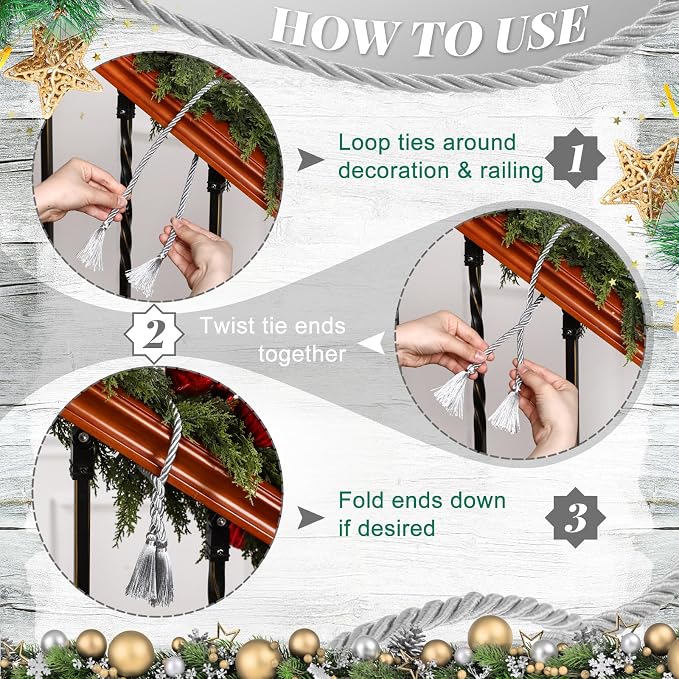 Dingion 20 Pcs Christmas Garland Decorative Banister Ties with Tassel 25.2 Inches Christmas Reusable Twist Ties for Garland Fireplace Staircase Banister Home Xmas Holiday Decorations(Silver)