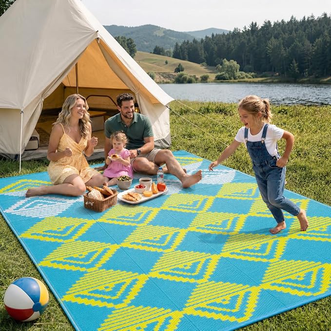 Lahome Outdoor Plastic Straw Rug, Reversible Outdoor Rug Waterproof 6x9 Patio Rugs, Camping Rugs for RV Backyard Deck Porch Picnic Beach Trailer (Blue/Yellow, 6' x 9')