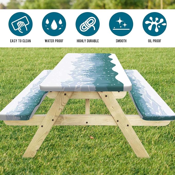 Picnic Table Cover with Bench Covers Waterproof Windproof Camping Tablecloth with Drawstring Bag, Outdoor Patio Camping Essentials, 60In 3PCS, Green Blue