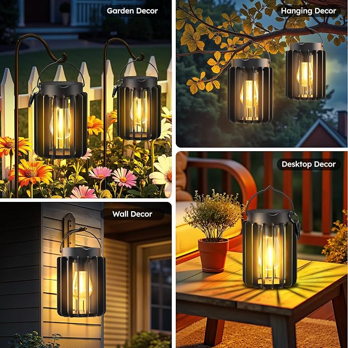 Ahaorigin Solar Lanterns Outdoor Waterproof, Brighter Up to 12 Hrs Outdoor Hanging Solar Lights, Outside Hanging Lanterns for Garden Porch Patio Yard Decor, Gifts for Women Mom Father Black 2 Pack