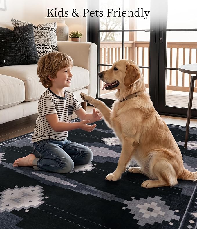 9'x12' Washable Large Living Room Area Rug, Black and Grey Western Rug | Soft, Non-Slip, Low Pile, Southwestern Aztec Design, for Boy Bedroom Dining Room Playroom, Pet Friendly