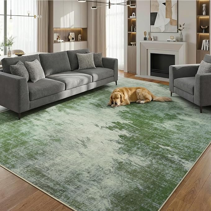 5'x7' Sage Green Faded Abstract Faux Wool Area Rug Living Room Soft | Modern Machine Wash Non-Slip Rug Throws, Kid-Friendly Low Profile Carpet for Bedroom, Kids Room, Farmhouse Under Bed, Green