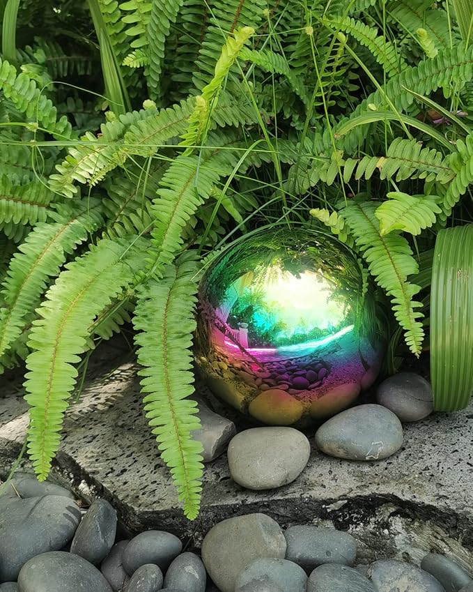 Rainbow Gazing Globe Mirror Ball, Metal Shiny Hollow Sphere Sparkling Housewarming Outdoor Ornament (6 Inch)