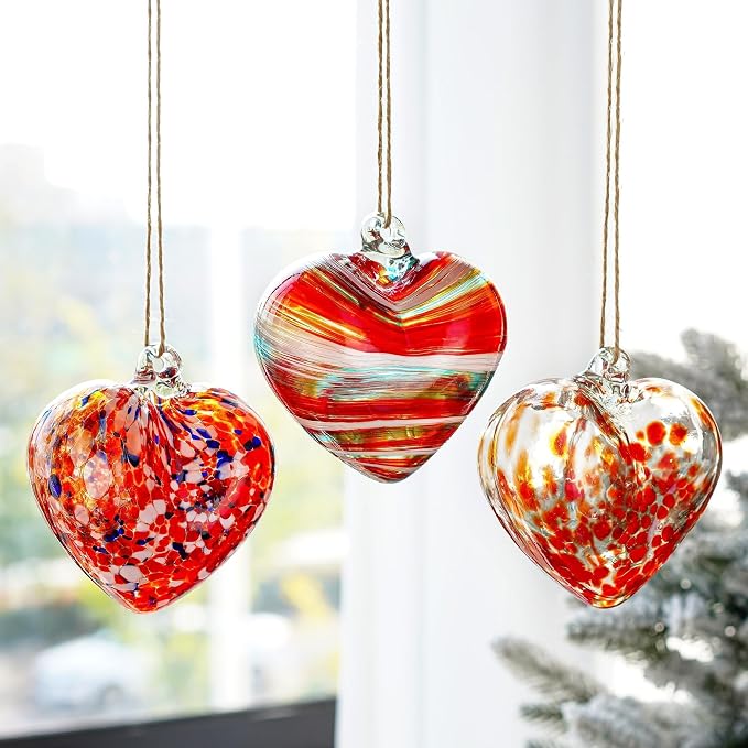 Hand Blown Glass Red Heart Ornaments Hanging Friendship Hearts for Outdoor | Thickened Shatter-Resistant Hand Blown Glass, Garden Tree Wedding Party Hanging Ornament