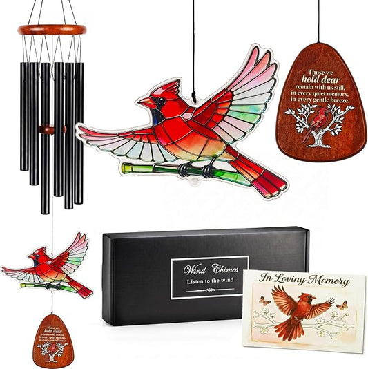 36'' Cardinal Wind Chimes for Outside, Memorial Wind Chimes for Loss of Loved One, Sympathy Gifts for Loss of Mother Dad Husband, in Memory of Loved One Gifts with Condolence Card