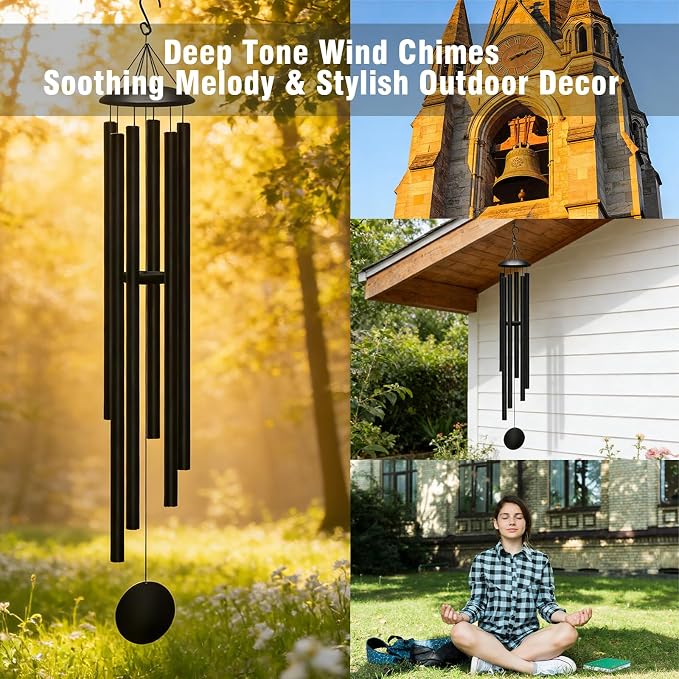 66" Extra Large Wind Chimes for Outside Deep Tone, Deep Soulful 6 Tube Aluminum Windchimes with Healing, Breezy Melodies, Rustproof Black Finish Heartfelt Gift for Mom's Patio Garden