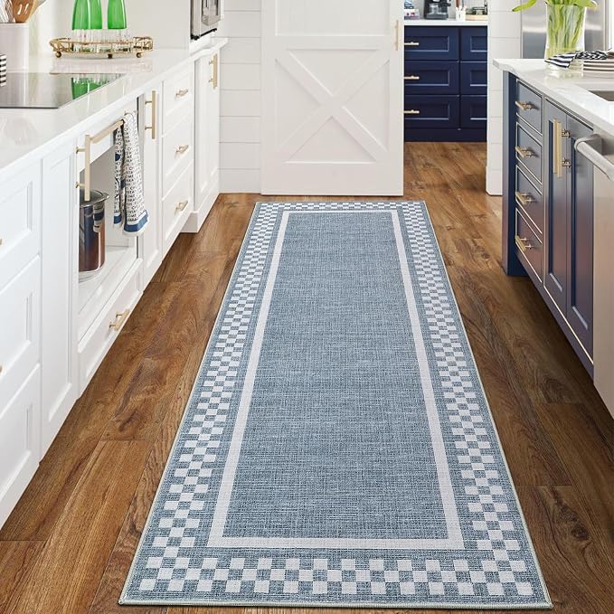 GarveeHome Kitchen Runner Rug Washable Runner Rug 2x6 for Hallway | Non Slip Soft Throw Carpet Modern Bordered Bathroom Mat Low Pile Checkered Runners for Bedroom Living Room Entry, Blue