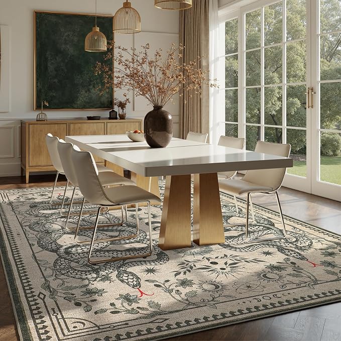 DCX 6x9 Washable Snake Rug for Living Room, Non Slip Low Pile Rug, Beige | Rugs for living rooms, bedroom, dining room, office, soft, gothic rug, sain resistant indoor carpet, home decor
